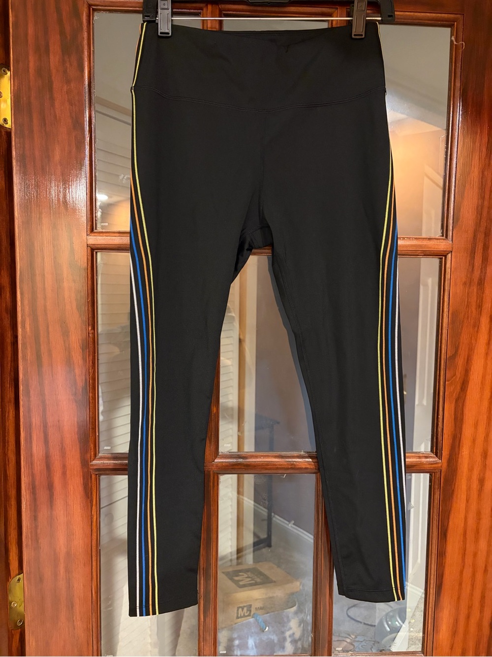ZYIA Black Leggings with Blue, White, Yellow & Orange Accent Stripes size 8-10